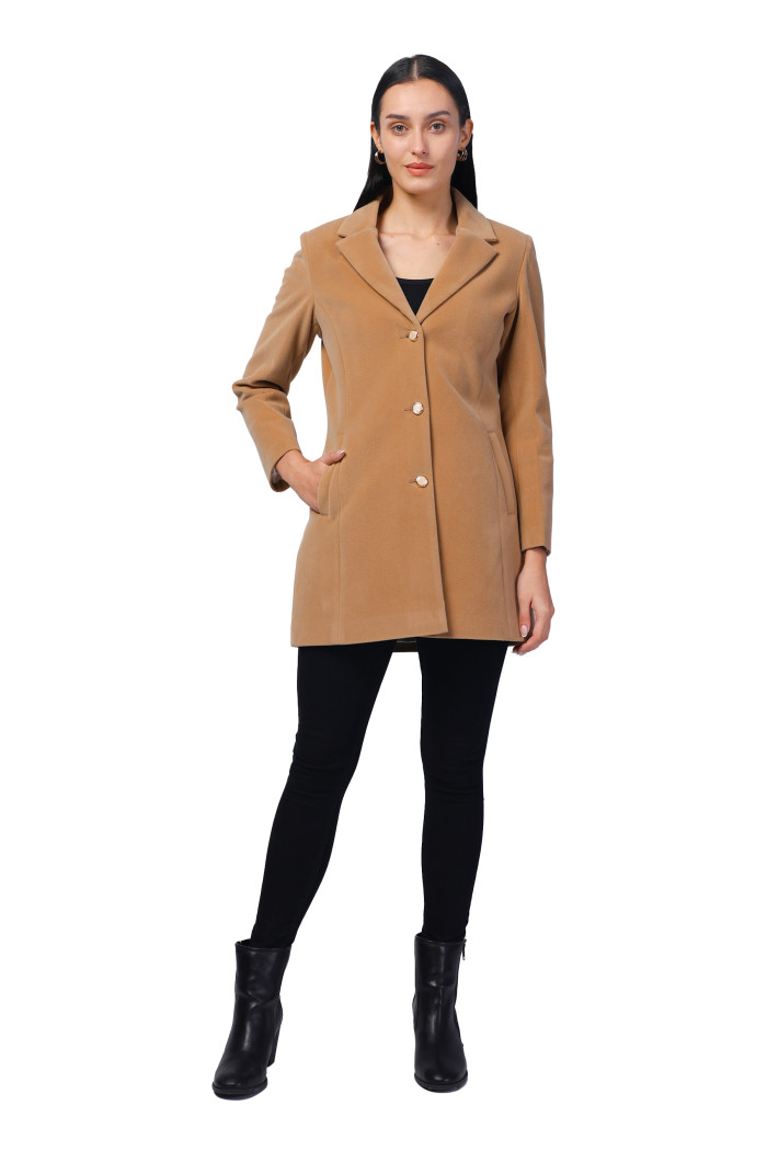 A model showcasing Women Semi Long Coat In Bonded Velvet Fabric thumbnail.